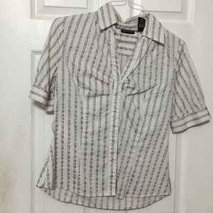 White button front blouse with silver/grey stripes